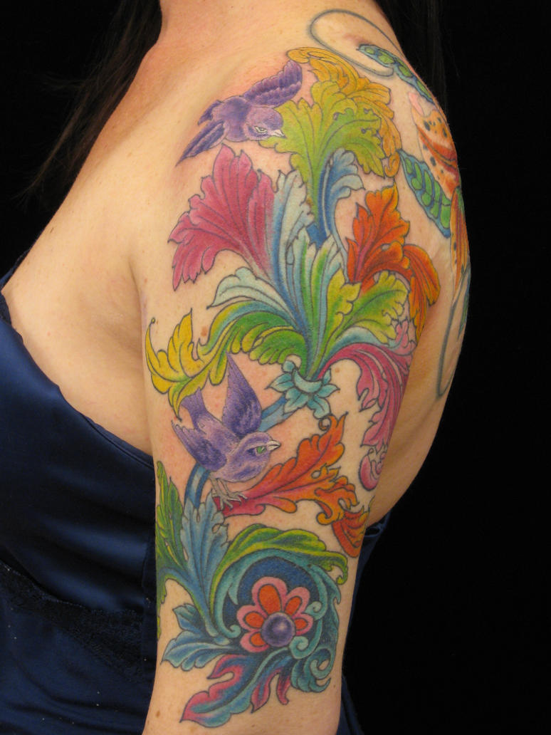 Floral shoulder with birds. - shoulder tattoo