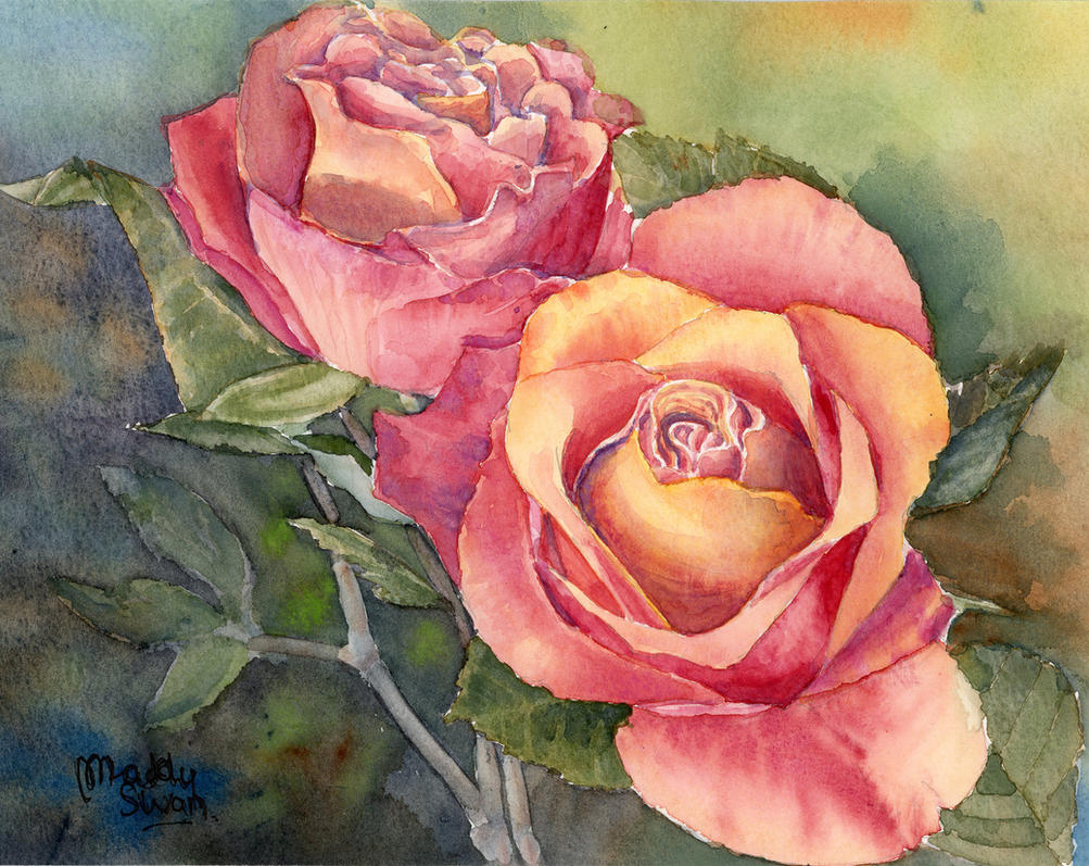 Red Roses, original watercolour painting by MaddySwan on